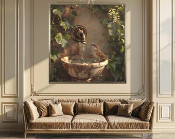 Rustic Sparrow at Fountain Wall Art Print, Serene Bird Photography for Cottagecore Home Decor, Vintage Garden Nature Scene Poster