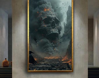 Giant Skull Apocalypse Canvas Wall Art – Dark Burning Mountain Pass with Ravens, Gothic Horror Fantasy Print for Dramatic Home Decor