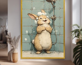 Cute Bunny Bathroom Wall Art with Bubbles and Shower Scene, Whimsical Rabbit Illustration for Kids Room or Funny Animal Decor