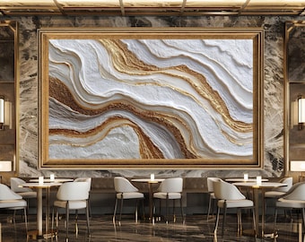 Abstract Layered Wall Art Print with Gold and White Earthy Tones, Modern Geode Style Luxury Canvas for Home Decoration