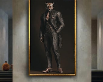Tiger Gentleman Canvas Wall Art – Majestic Animal Portrait in Luxury Patterned Suit – Anthropomorphic Regal Print for Bold Home Decor
