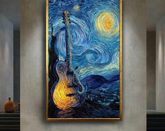 Starry Night Guitar Canvas Wall Art – Van Gogh Inspired Musical Painting Print – Swirling Sky with Electric Guitar for Music Lover Decor