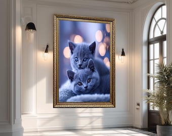 Adorable Twin British Shorthair Kittens Canvas Art – Blue Toned Cozy Wall Decor with Cute Cats for Winter and Bedroom Interiors