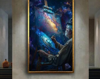 Galaxy Painting Canvas Wall Art with Elderly Artist Creating the Universe – Cosmic Fantasy Art Print for Dreamy and Inspirational Decor