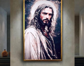Dramatic Jesus Portrait Canvas Art, Modern Spiritual Wall Decor, Intense Holy Face of Christ Print for Faithful Christian Homes