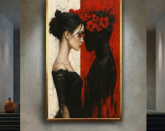 Emotional Gothic Woman and Shadow Wall Art | Red and Black Contrast Portrait Canvas | Dark Romantic Surreal Female Print for Decor