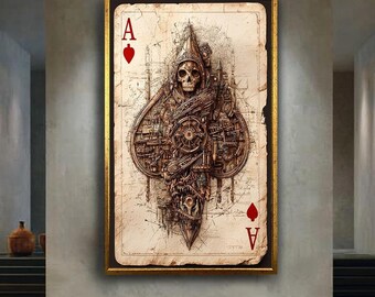 Steampunk Skull Ace Wall Art Print, Gothic Playing Card Canvas Art, Dark Fantasy Spade Illustration, Vintage Macabre Decor
