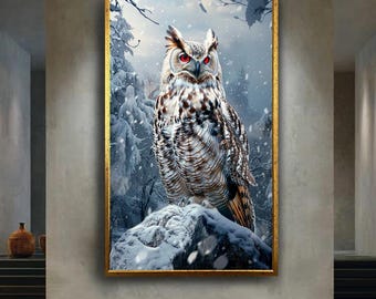 Red Eye Snow Owl Canvas Art Print, Fantasy Winter Forest Wall Art, Mystical Animal Artwork, Gothic Wildlife Wall Decor