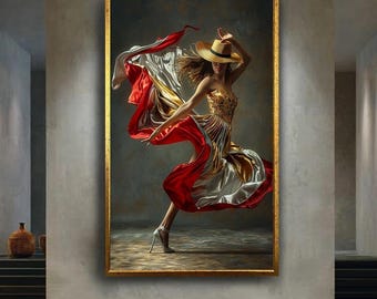 Elegant Dancing Woman Canvas Wall Art in Flowing Red and Gold Dress, Stylish Fashion Movement Artwork for Modern or Glam Home Decor