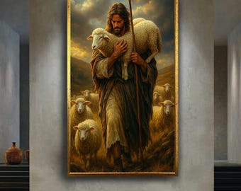 Jesus The Good Shepherd Spiritual Christian Wall Art Lamb Canvas Print Religious Home Decor Faith Based Inspirational Poster Print