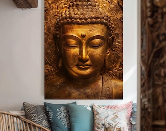 Golden Buddha Wall Art Canvas Print – Zen Meditation Spiritual Decor for Home Office Yoga Studio – Asian Sacred Symbol Wall Poster