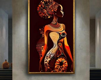 Abstract African woman canvas wall art print, tribal silhouette artwork with warm earth tones, ethnic modern decor for cultural home style