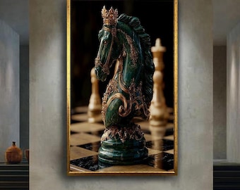 Luxury Green Gold Chess Knight Canvas Wall Art, Regal Horse Chess Piece Print for Study or Office Decor, Elegant Strategy Game Artwork