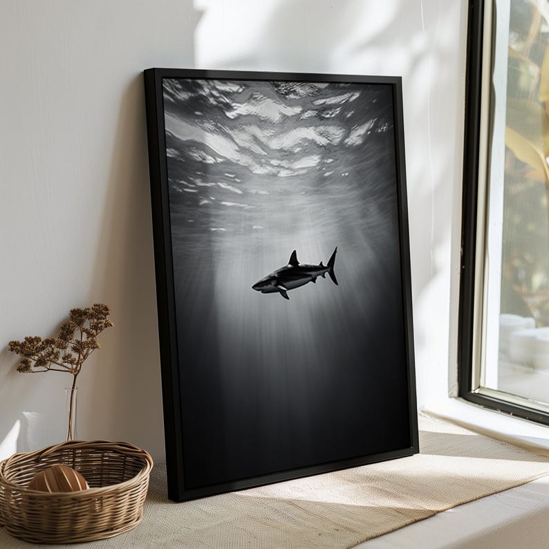 Black and White Shark Wall Art Print – Minimalist Ocean Life ...