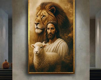 Jesus with Lion and Lamb Canvas Wall Art, Powerful Christian Religious Print, Spiritual Faith Home Decor for Prayer and Inspiration