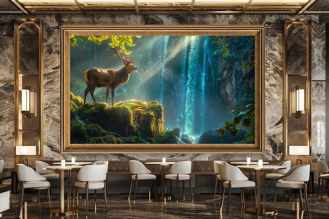 Majestic Deer and Waterfall Wall Art Print, Enchanted Forest Landscape ...