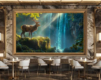 Majestic Deer and Waterfall Wall Art Print, Enchanted Forest Landscape Canvas Art, Nature Wildlife Artwork for Rustic Home Decor