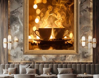 Romantic Coffee Couple Wall Art with Steam Figures and Warm Light Bokeh, Dreamy Love-Themed Canvas Print for Cozy Cafe or Home Decor