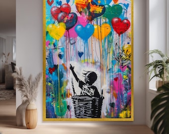 Banksy Balloon Canvas  Print With Girl In Basket Reaching For Crowned Heart Balloons Urban Pop Art Wall Decor For Modern Homes