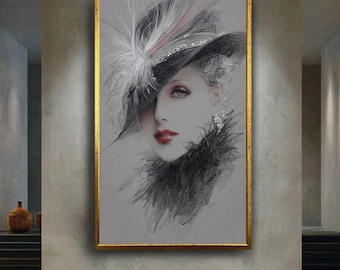 Vintage Glamour Woman Portrait Canvas Wall Art with Feather Hat and Red Lips, Elegant Retro Fashion Illustration for Home Decor