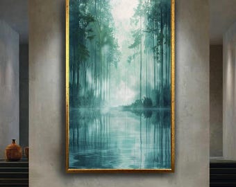 Misty Green Forest Canvas Wall Art Print with Calm Water Reflection, Minimalist Nature Artwork for Tranquil Zen Inspired Home Decor