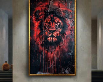 Fierce Lion Graffiti Canvas Wall Art, Red and Black Urban Jungle Street Style Print, Bold Modern Animal Artwork for Powerful Home Decor