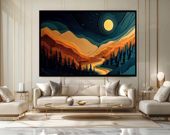 Moonlight Mountain Landscape and Flowing River Themed, Abstract Nature Themed Home Decor Canvas Print