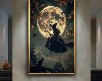 Witch Flying in Front of Full Moon Canvas Wall Art – Spooky Halloween Print with Cat, Bats and Night Sky for Gothic or Seasonal Decor