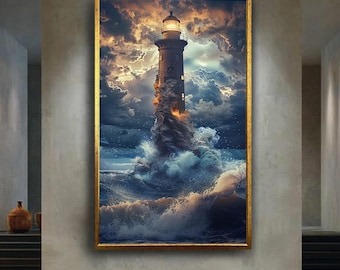 Stormy Lighthouse Canvas Wall Art Ocean Waves Sea Storm Print Nautical Maritime Poster for Coastal or Beach Home Decor Gift Idea