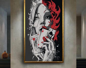 Dark Poker Queen Wall Art Print, Red Black Pop Art Canvas, Femme Fatale Playing Cards Illustration, Edgy Comic Room Decor