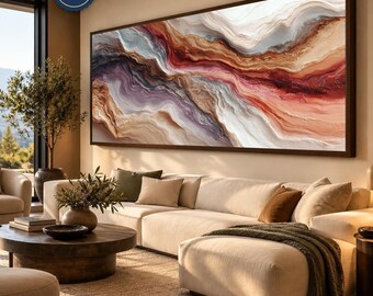 Vibrant Abstract Layered Wall Art Print with Purple, Red and Earth Tones, Modern Geode Style Canvas for Elegant Home Interiors