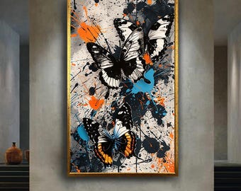 Graffiti Style Butterfly Canvas Wall Art – Modern Abstract Splatter Painting with Black and Colorful Wings for Bold Artistic Home Decor