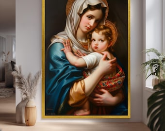 Classic Canvas Print Of Virgin Mary Holding Baby Jesus Religious Wall Art For Christian Home Decor And Sacred Catholic Interiors