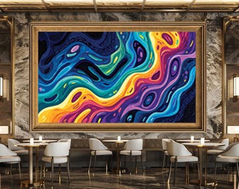Psychedelic Wave Abstract Wall Art Print, Neon Rainbow Swirl Canvas Art, Vibrant Trippy Artwork for Modern Creative Home Decor