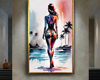 Colorful beach woman canvas wall art print, abstract female silhouette painting, tropical summer decor for modern home or beach house