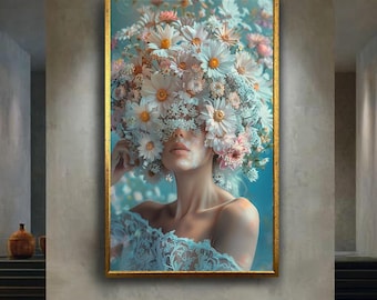 Daisy Floral Woman Portrait Canvas Wall Art, Botanical Flower Crown Artwork for Home Decor, Romantic Bohemian Gift for Art Lovers