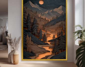 This wood-carved-look mountain landscape canvas wall art depicts a nature scene of a dark forest with a shimmering river and the moon.