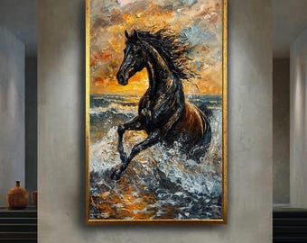 Black Horse Running in Ocean Waves Canvas Wall Art, Sunset Equine Artwork for Home Decor, Gift for Horse Lovers and Coastal Fans