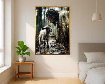 Jesus with Lamb in Rain Wall Art – Spiritual Compassion and Protection Canvas Print – Christian Symbol of Mercy for Faithful Decor
