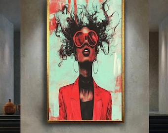 Afro Pop Art Woman Wall Art Print – Bold Red Sunglasses Portrait in Urban Street Style – Modern Afrocentric Canvas for Contemporary Decor