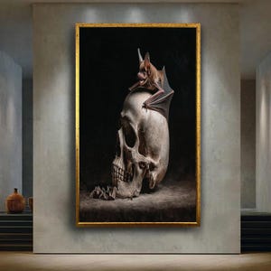 Dark Gothic Art Bat on Skull Print, Horror Fantasy Illustration for Macabre Decor, Haunted Aesthetic Digital Wall Poster