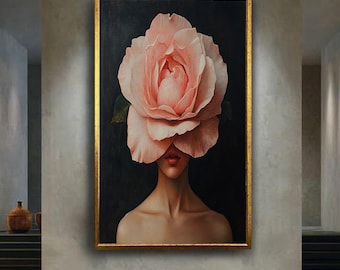 Pink Rose Woman Portrait Canvas Wall Art, Botanical Flower Head Artwork for Home Decor, Romantic Gift for Floral and Art Lovers