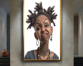 Funny Exaggerated Face Portrait Canvas Wall Art – Quirky Tattooed Character with Playful Expression for Humor Home Decor
