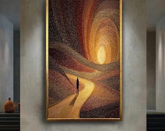golden spiral path silhouette figure warm sunset tones swirling print abstract modern wall art canvas home decor