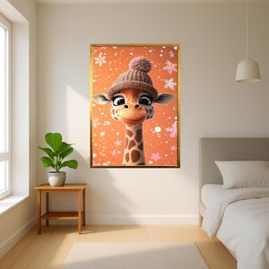 Impresión en lienzo de jirafa con dibujos animados de invierno, arte navideño para pared de guardería, copo de nieve, fondo naranja, obra de arte para habitación infantil
