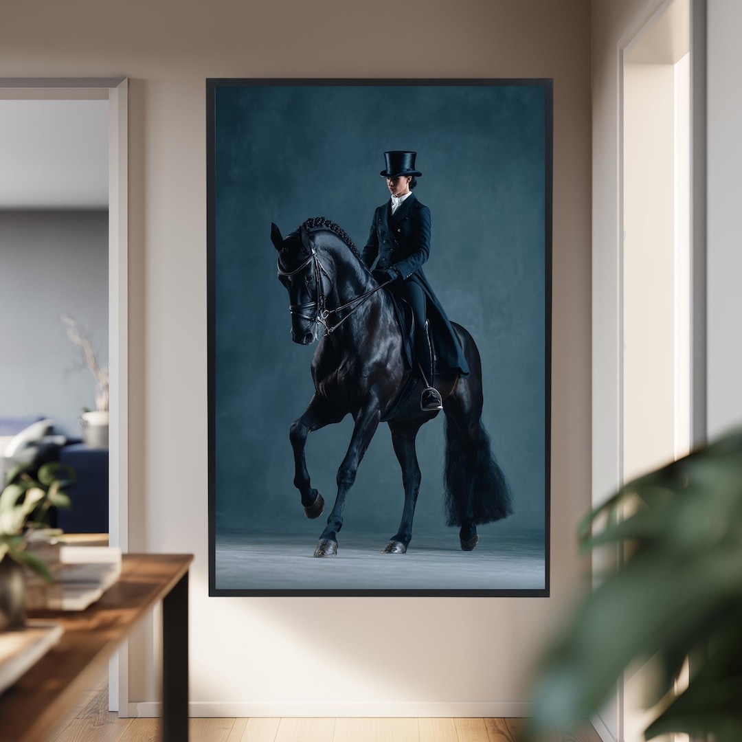 Luxury Dressage Horse Canvas Wall Art – Elegant Female Rider on Black ...
