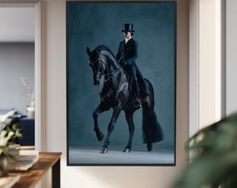 Luxury Dressage Horse Canvas Wall Art – Elegant Female Rider on Black Stallion in Classic Equestrian Pose for Sophisticated Decor