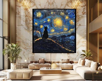 Starry Night Cat Wall Art Inspired by Van Gogh, Whimsical Black Cat Under Starry Sky Canvas Print for Dreamy Artistic Home Decor
