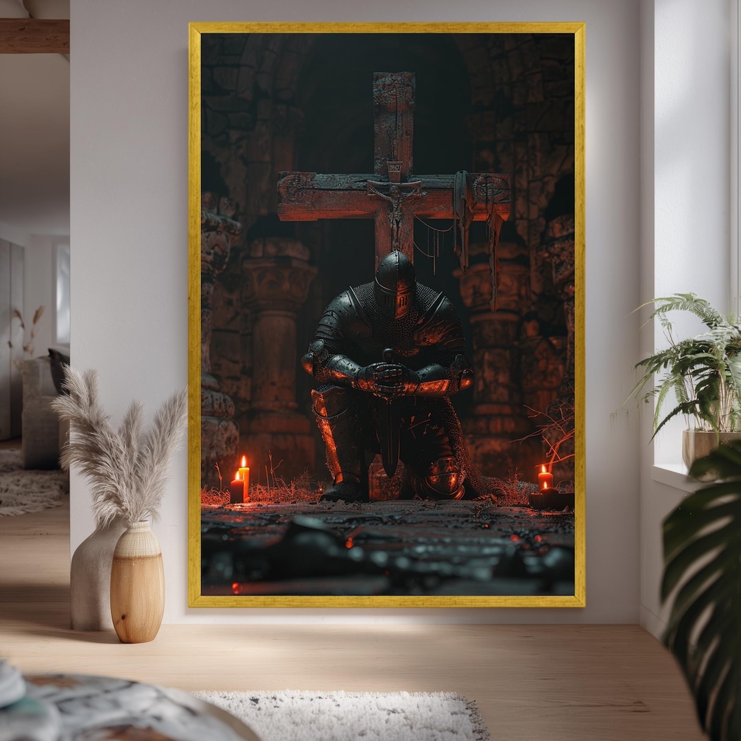 Dark Medieval Knight Canvas Print Kneeling Before Cross Gothic Fantasy ...