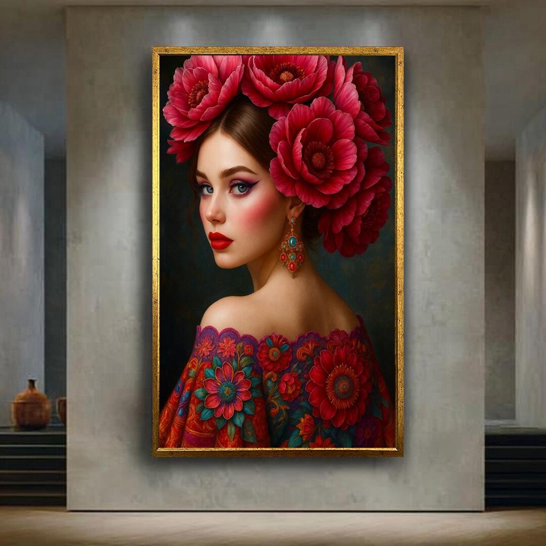 Elegant Floral Woman Portrait Wall Art Print | Red Flower Crown Lady ...